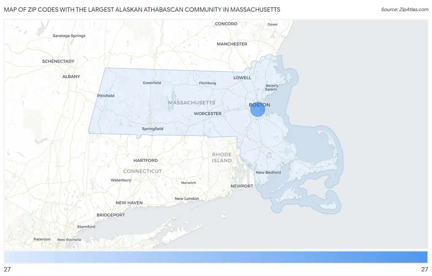 Zip Codes with the Largest Alaskan Athabascan Community in Massachusetts Map