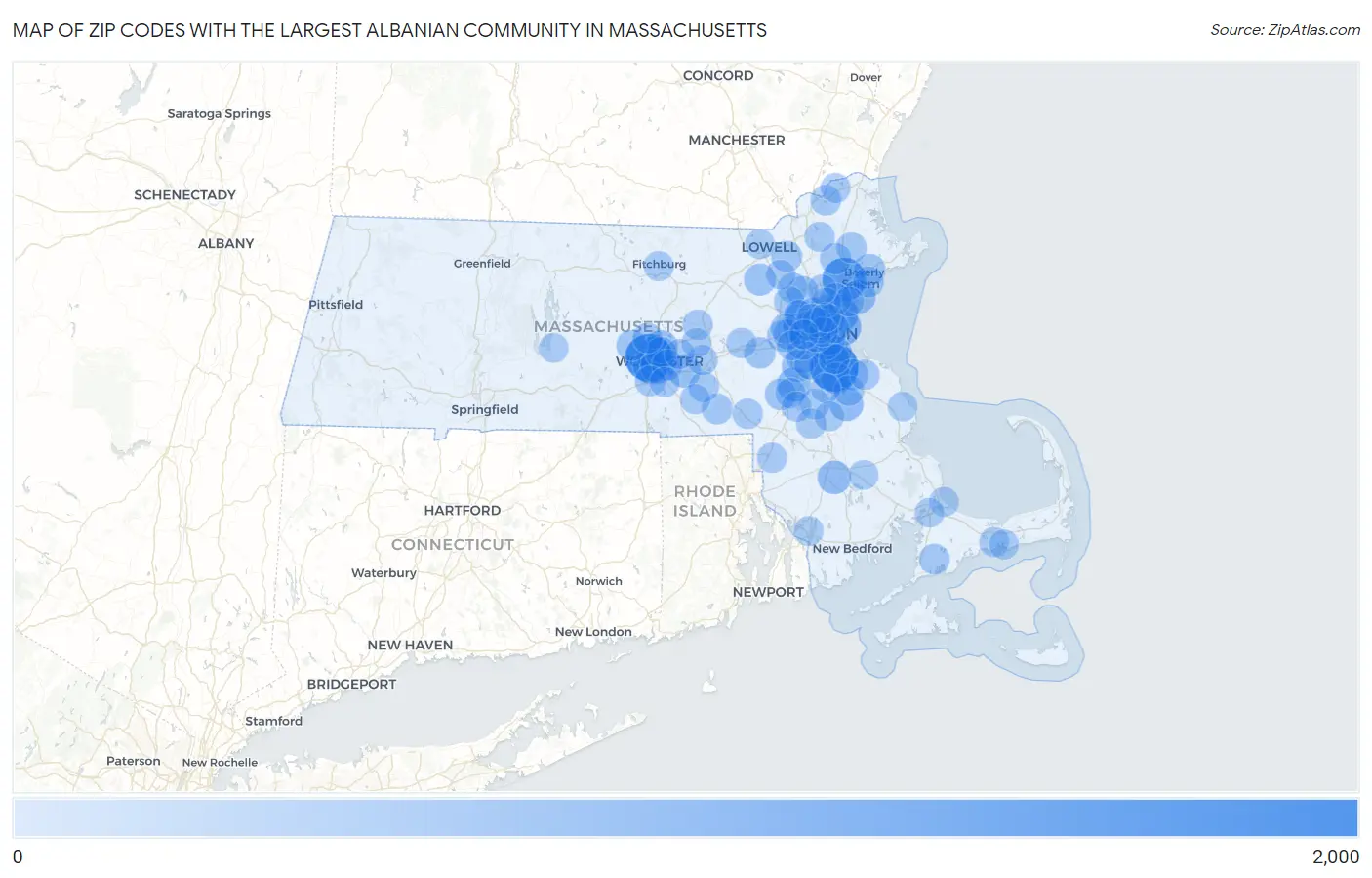 Zip Codes with the Largest Albanian Community in Massachusetts Map