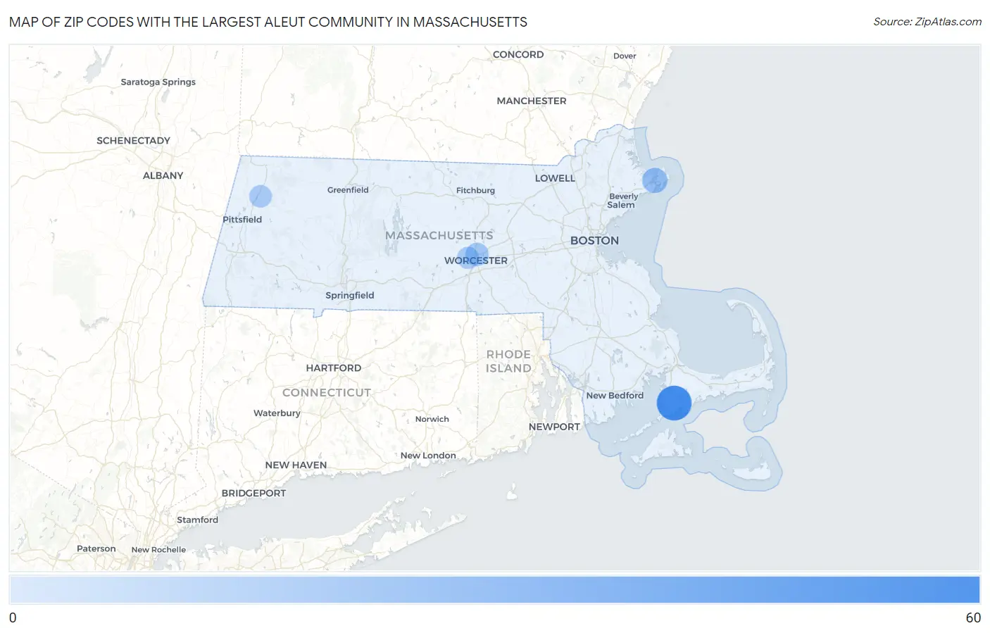Zip Codes with the Largest Aleut Community in Massachusetts Map