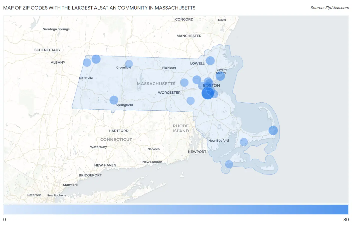 Zip Codes with the Largest Alsatian Community in Massachusetts Map