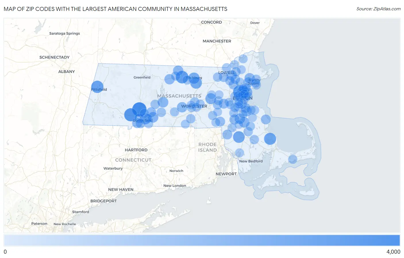 Zip Codes with the Largest American Community in Massachusetts Map