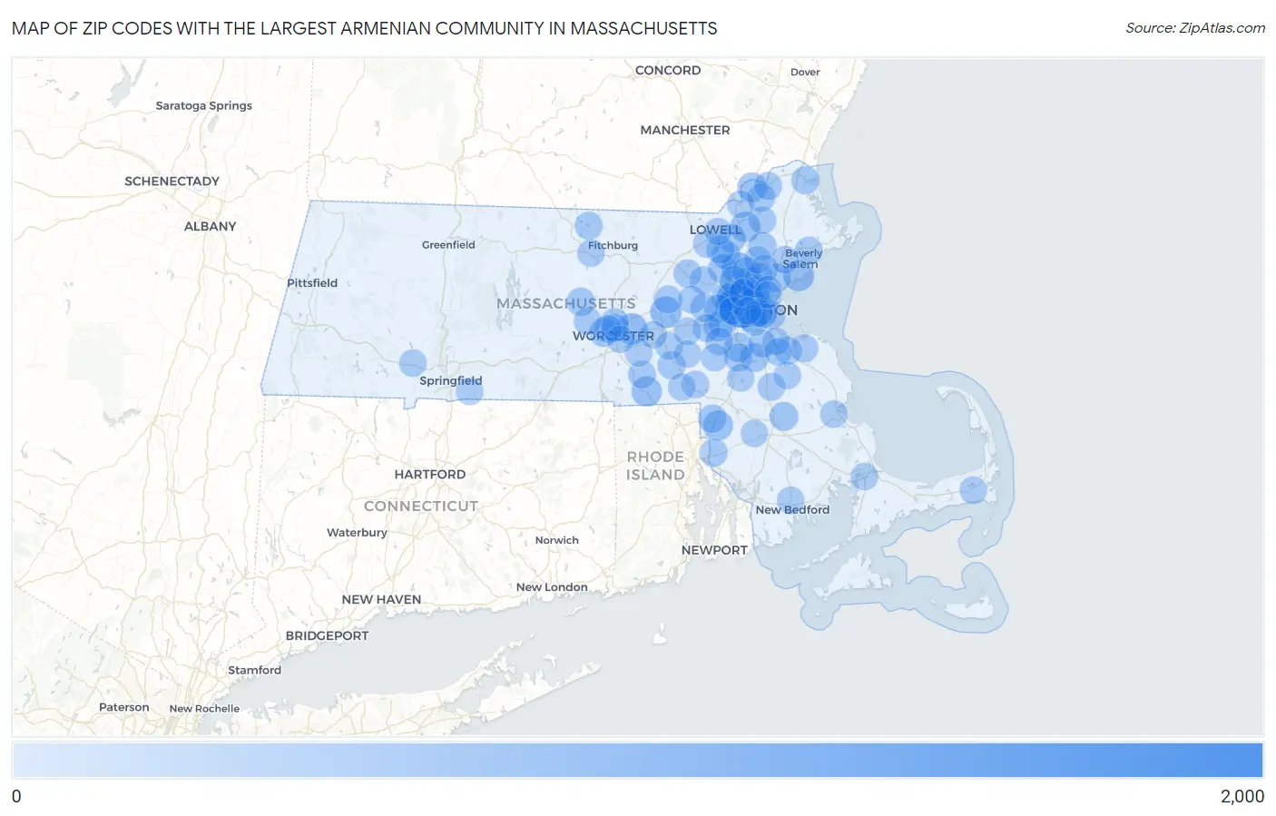 Zip Codes with the Largest Armenian Community in Massachusetts Map