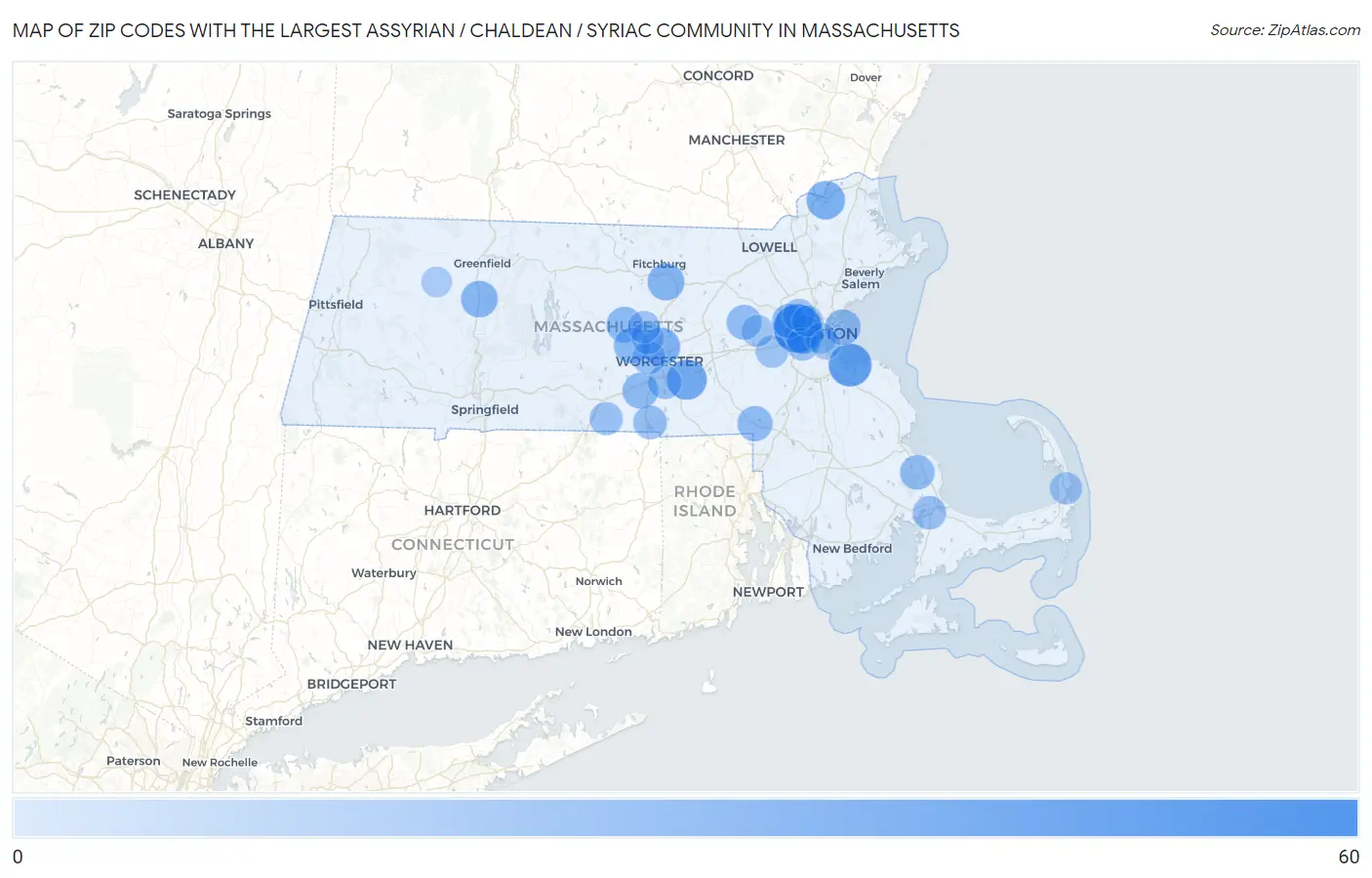 Zip Codes with the Largest Assyrian / Chaldean / Syriac Community in Massachusetts Map