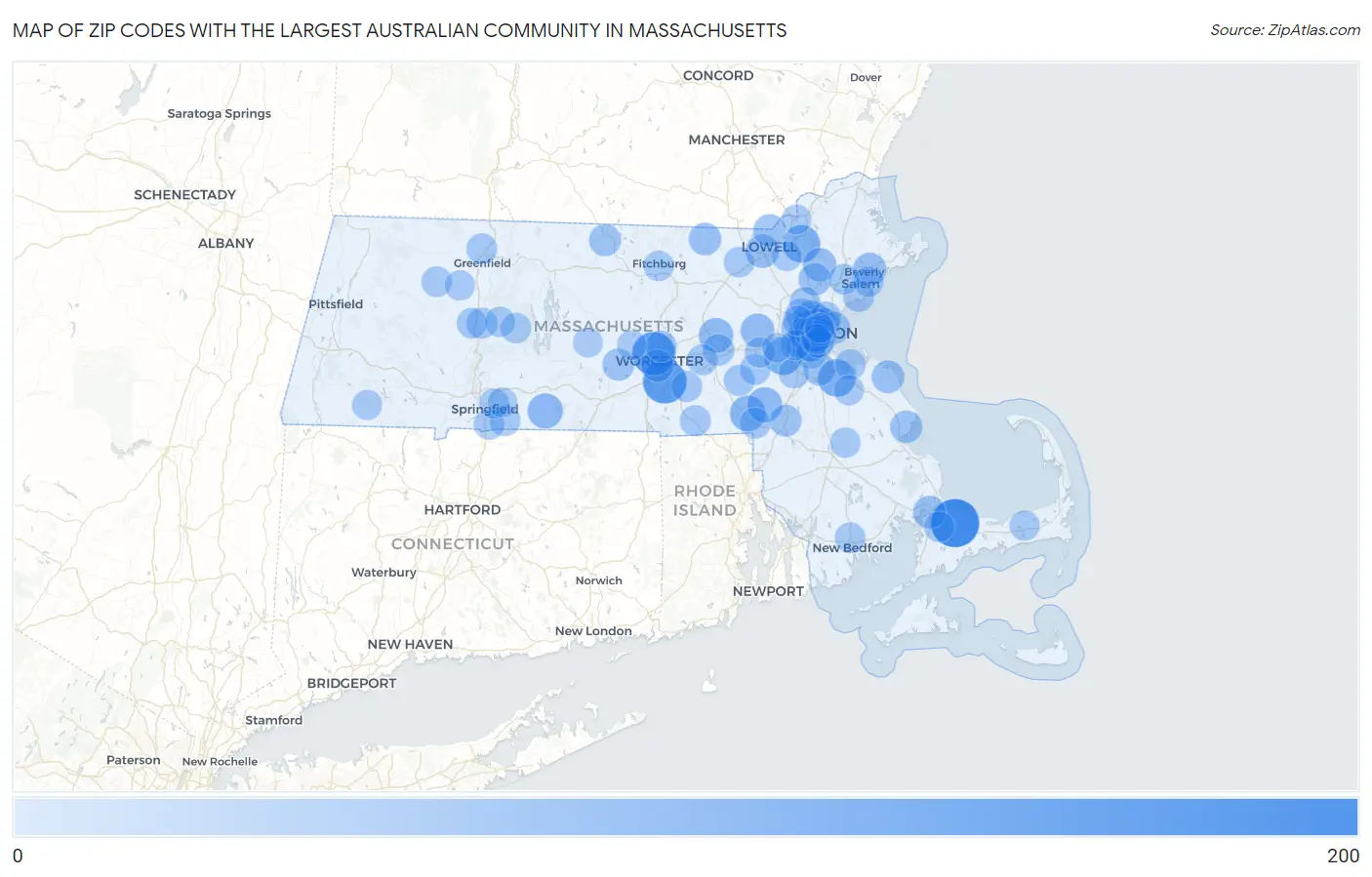 Zip Codes with the Largest Australian Community in Massachusetts Map
