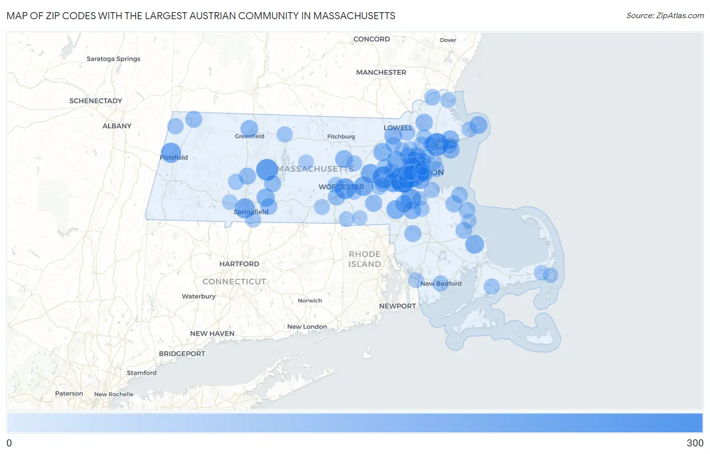 Zip Codes with the Largest Austrian Community in Massachusetts Map