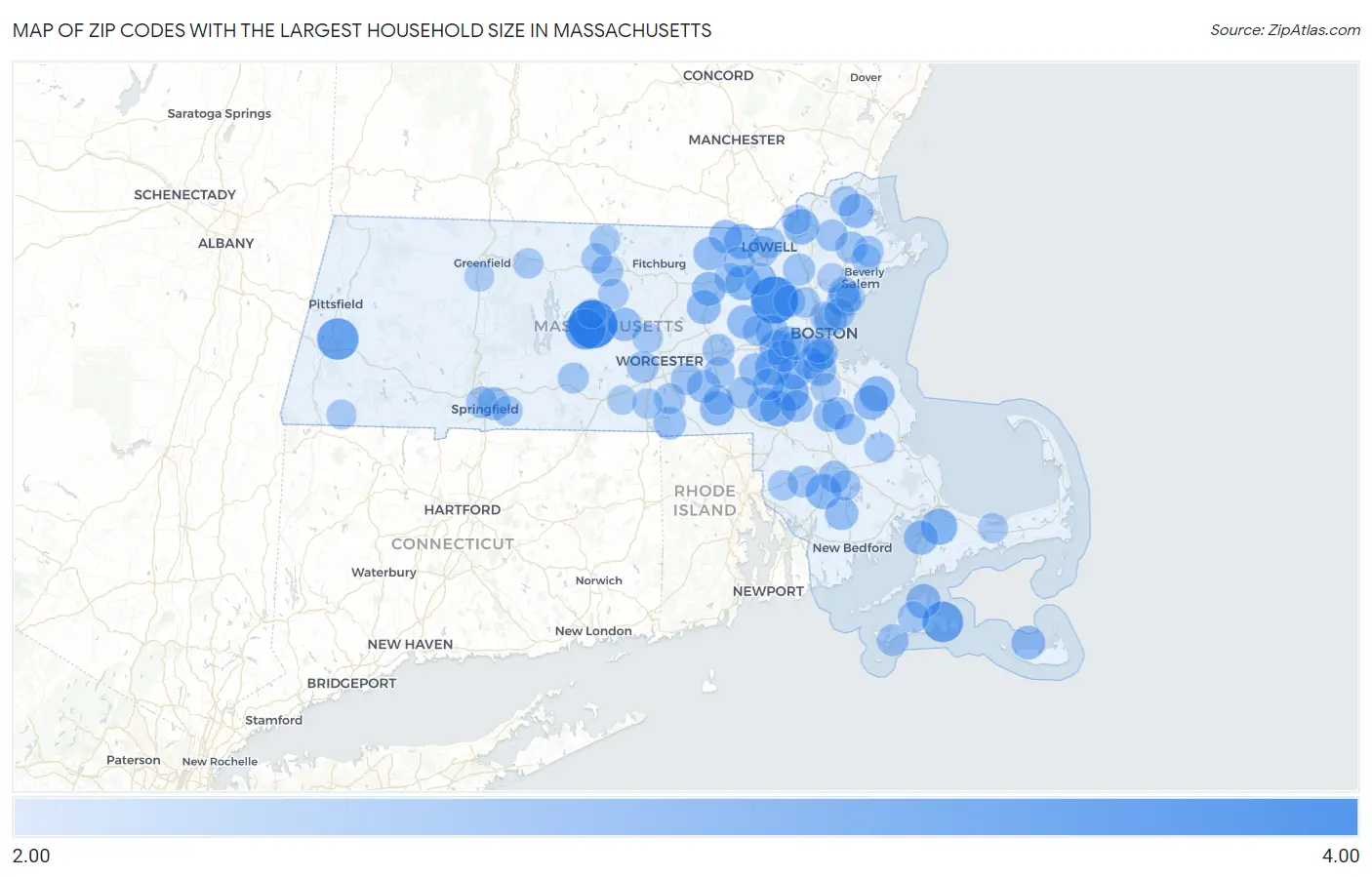 Zip Codes with the Largest Household Size in Massachusetts Map