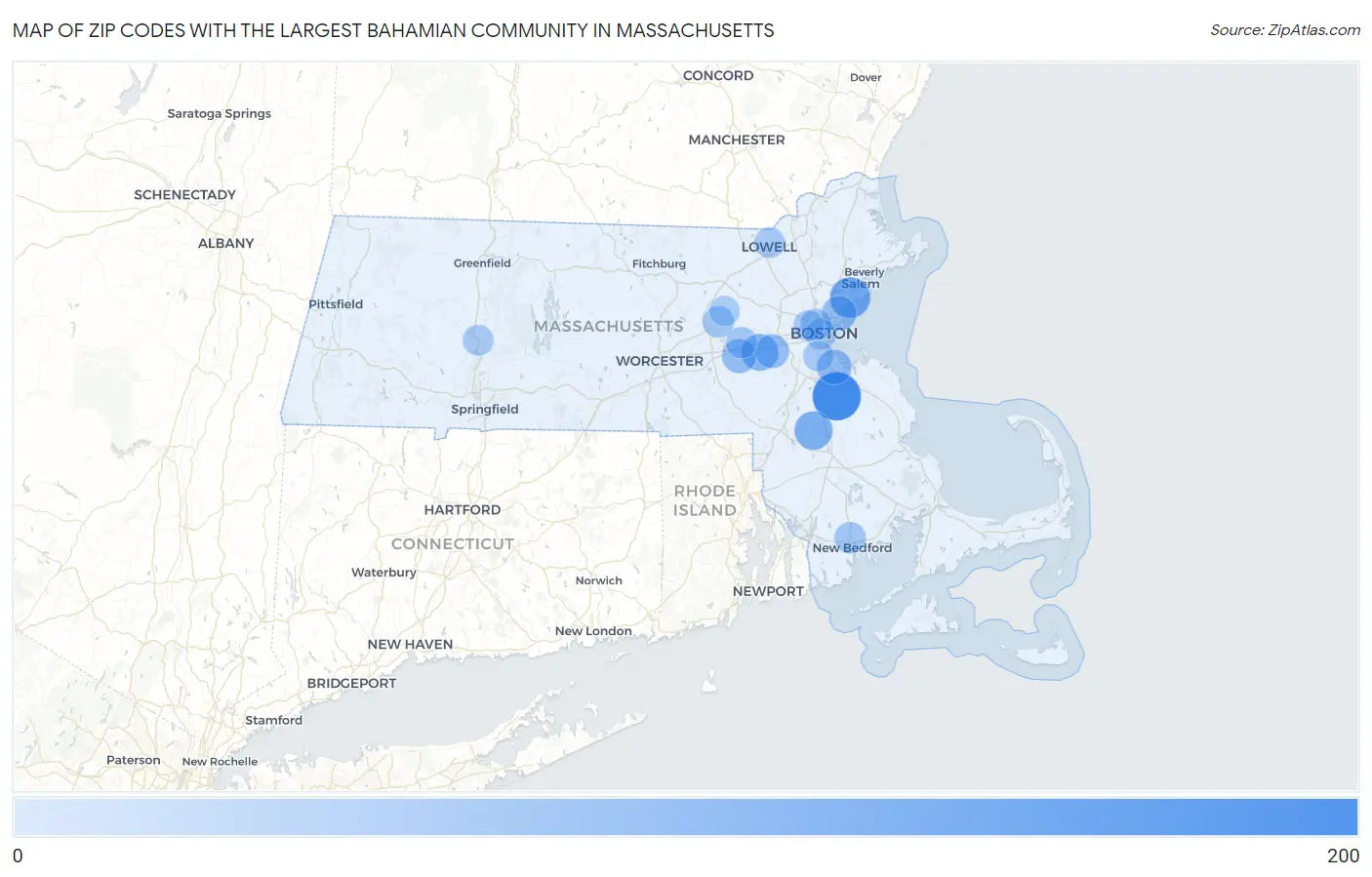 Zip Codes with the Largest Bahamian Community in Massachusetts Map