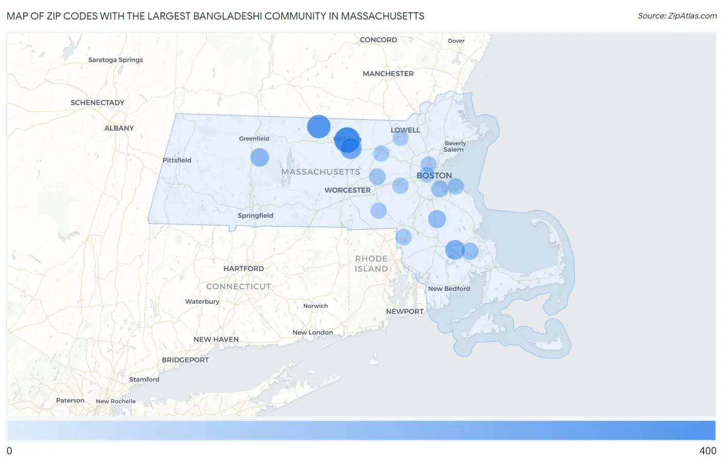 Zip Codes with the Largest Bangladeshi Community in Massachusetts Map