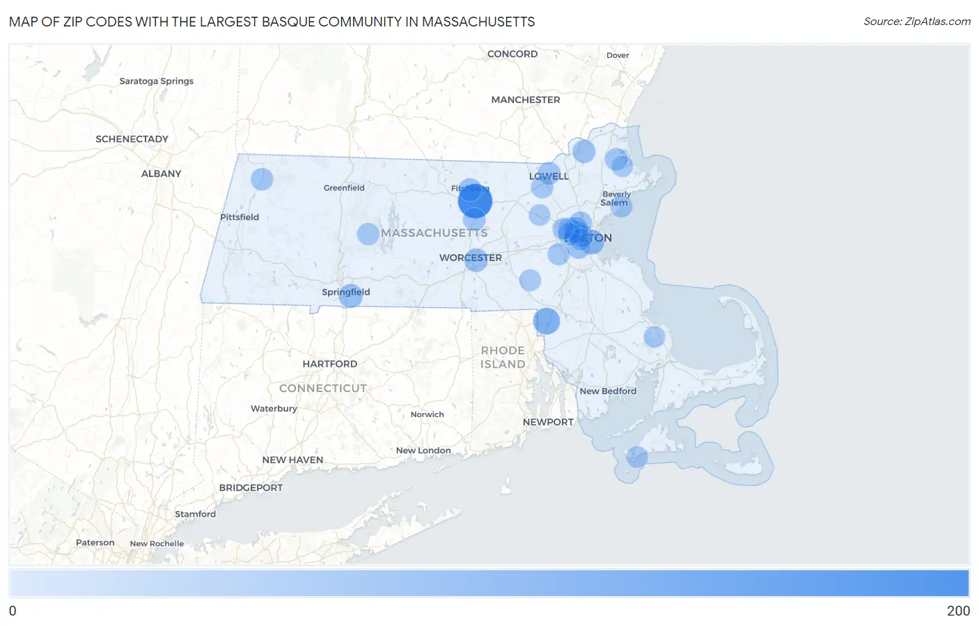 Zip Codes with the Largest Basque Community in Massachusetts Map