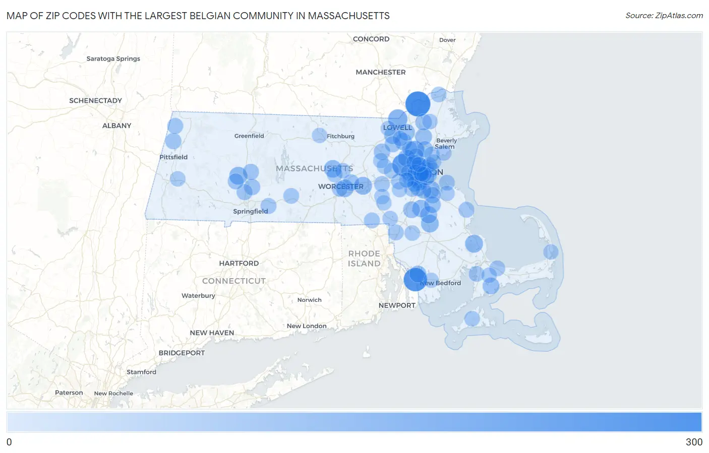 Zip Codes with the Largest Belgian Community in Massachusetts Map