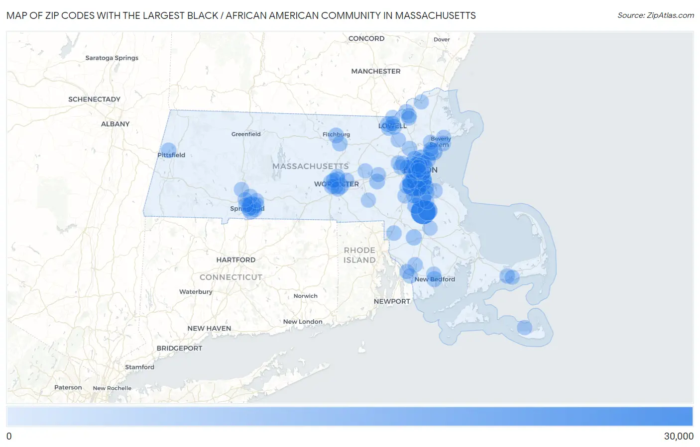 Zip Codes with the Largest Black / African American Community in Massachusetts Map