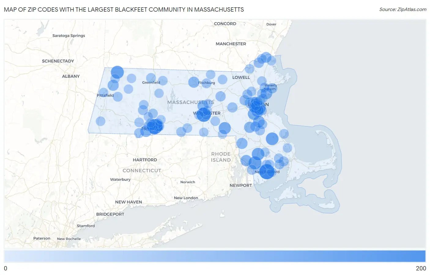 Zip Codes with the Largest Blackfeet Community in Massachusetts Map