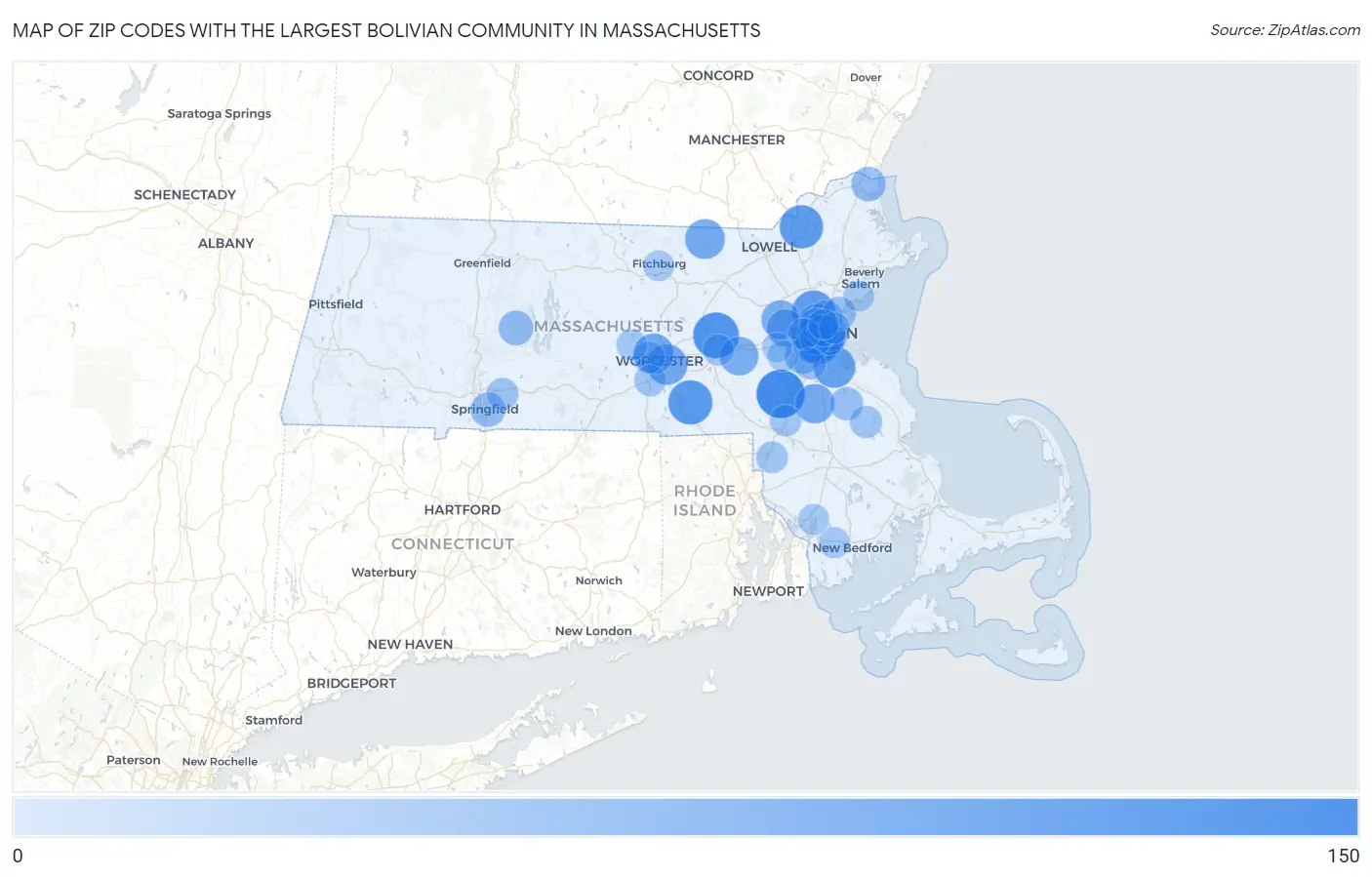 Zip Codes with the Largest Bolivian Community in Massachusetts Map