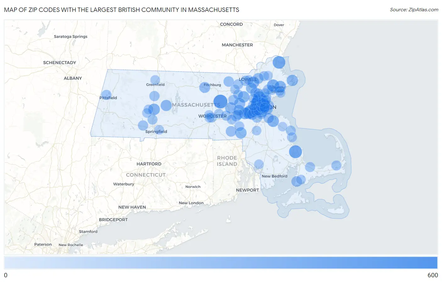 Zip Codes with the Largest British Community in Massachusetts Map