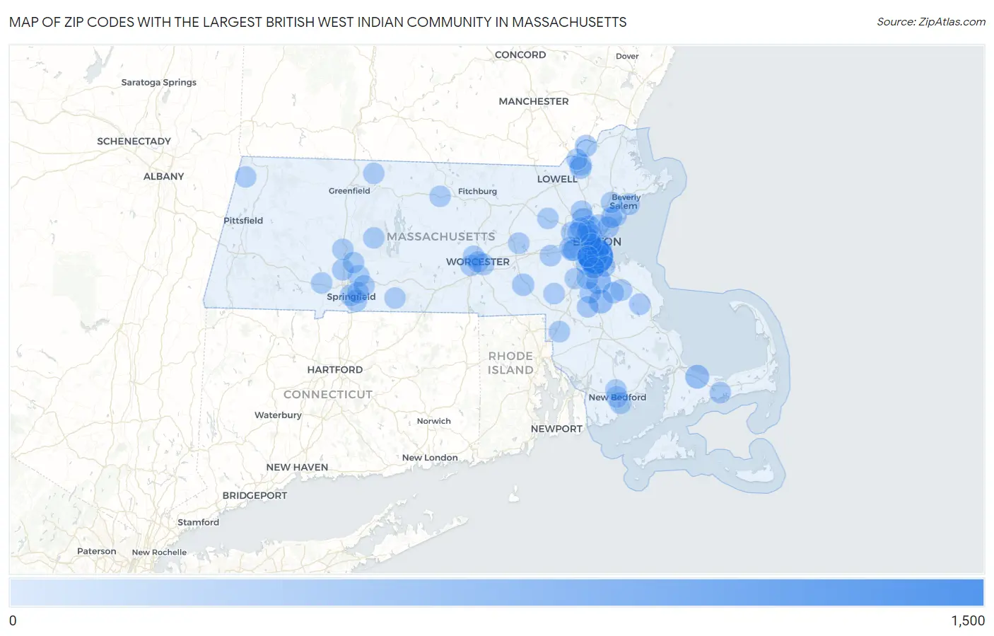 Zip Codes with the Largest British West Indian Community in Massachusetts Map