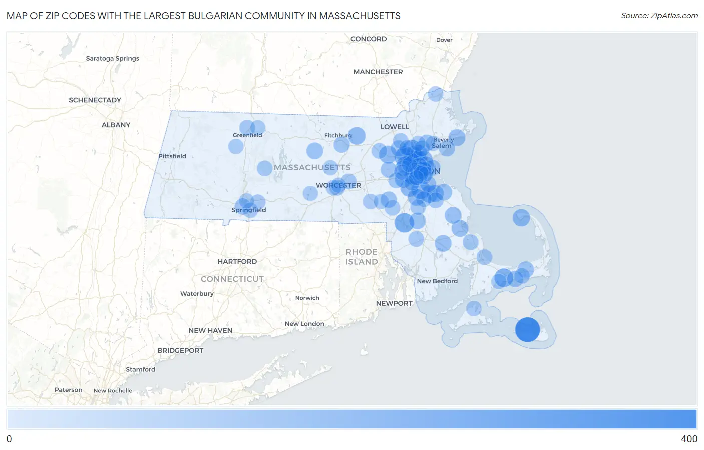 Zip Codes with the Largest Bulgarian Community in Massachusetts Map