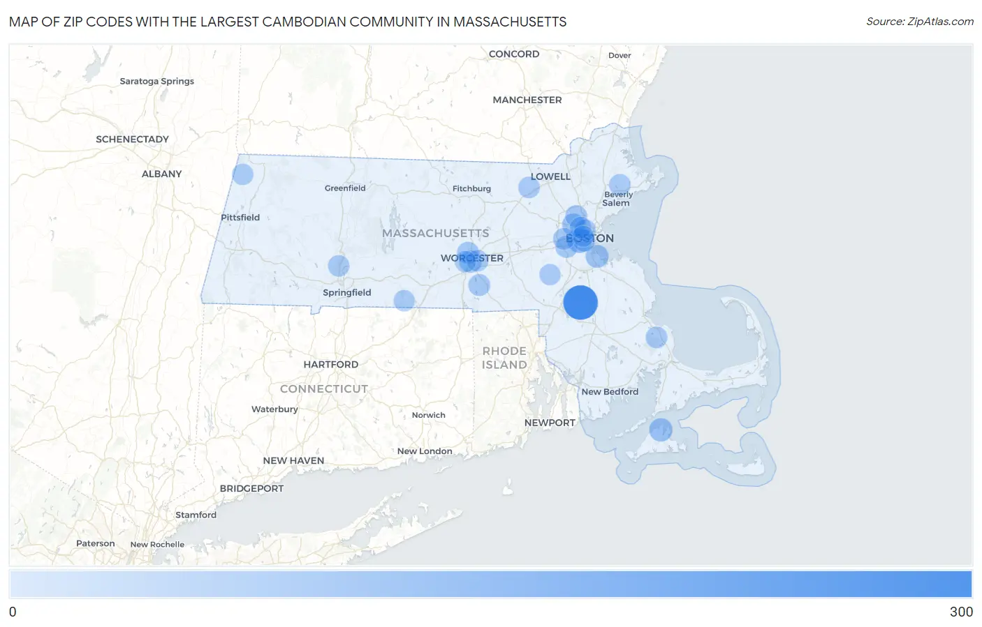 Zip Codes with the Largest Cambodian Community in Massachusetts Map
