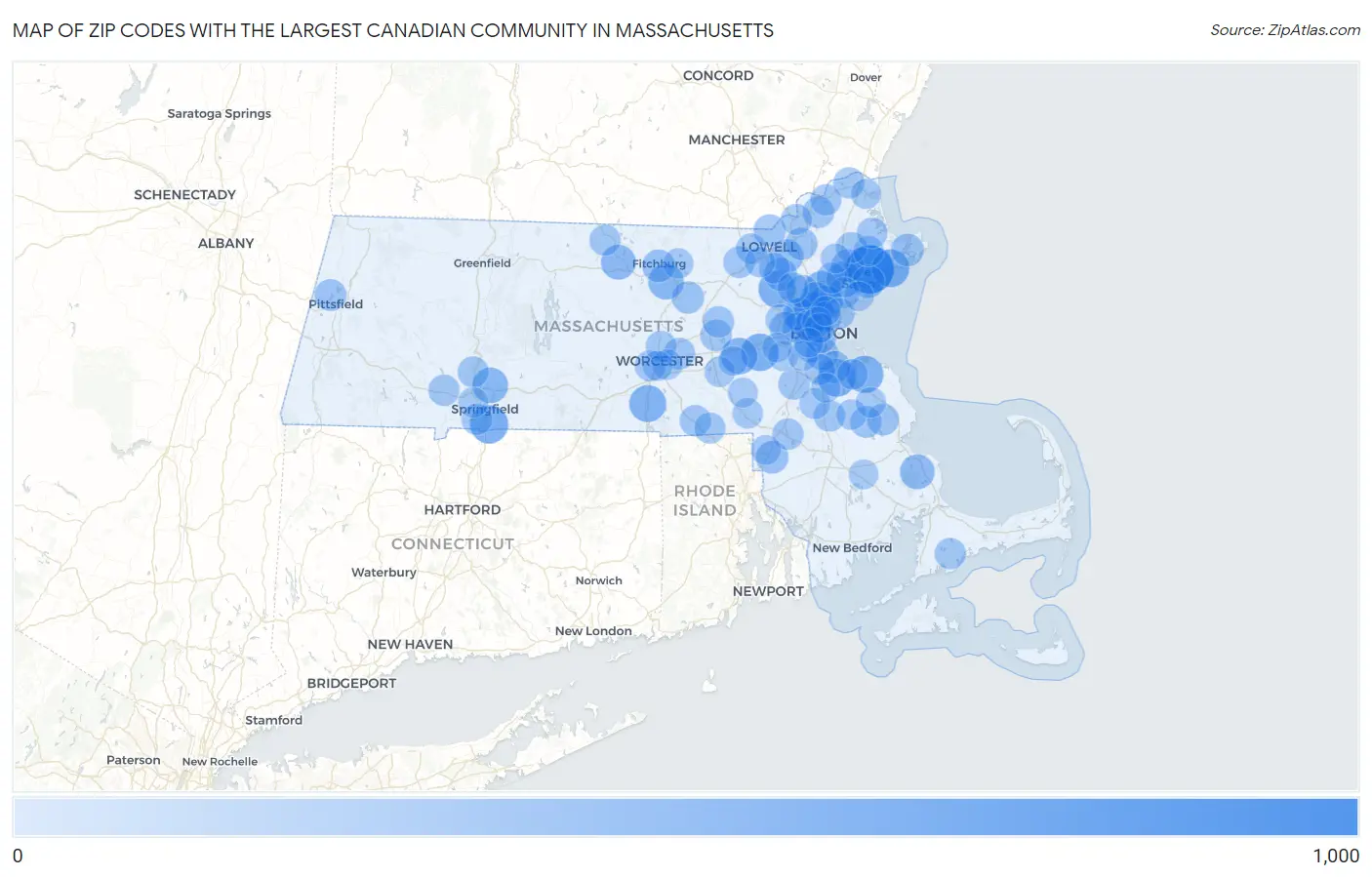 Zip Codes with the Largest Canadian Community in Massachusetts Map