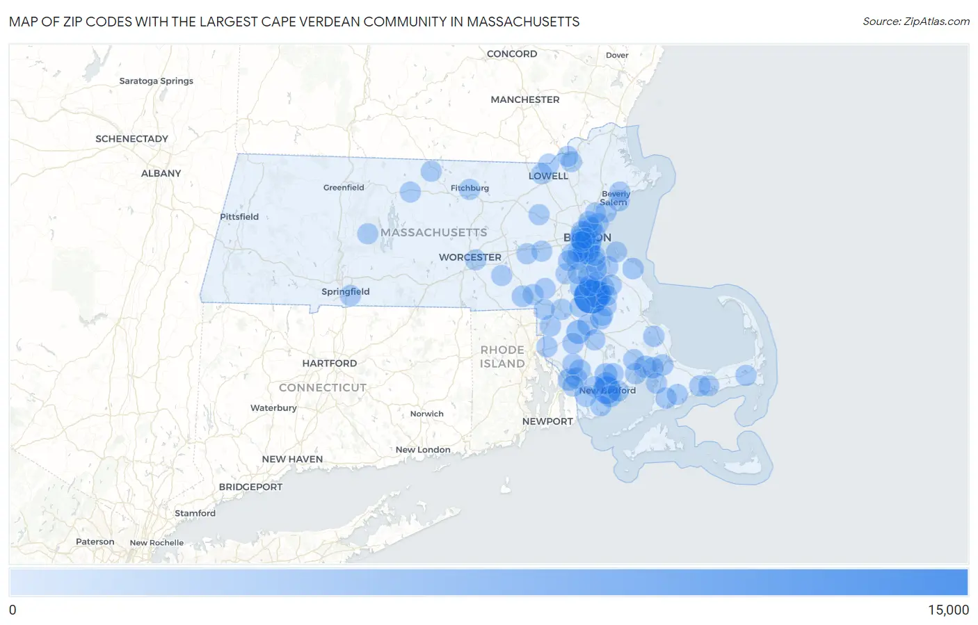 Zip Codes with the Largest Cape Verdean Community in Massachusetts Map