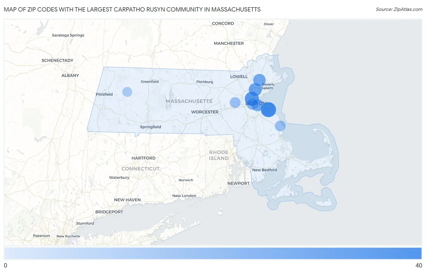 Zip Codes with the Largest Carpatho Rusyn Community in Massachusetts Map