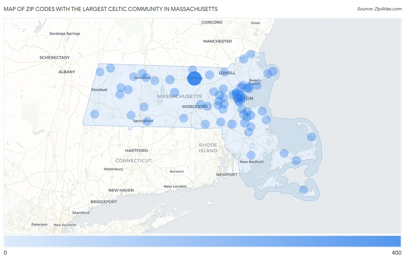 Zip Codes with the Largest Celtic Community in Massachusetts Map