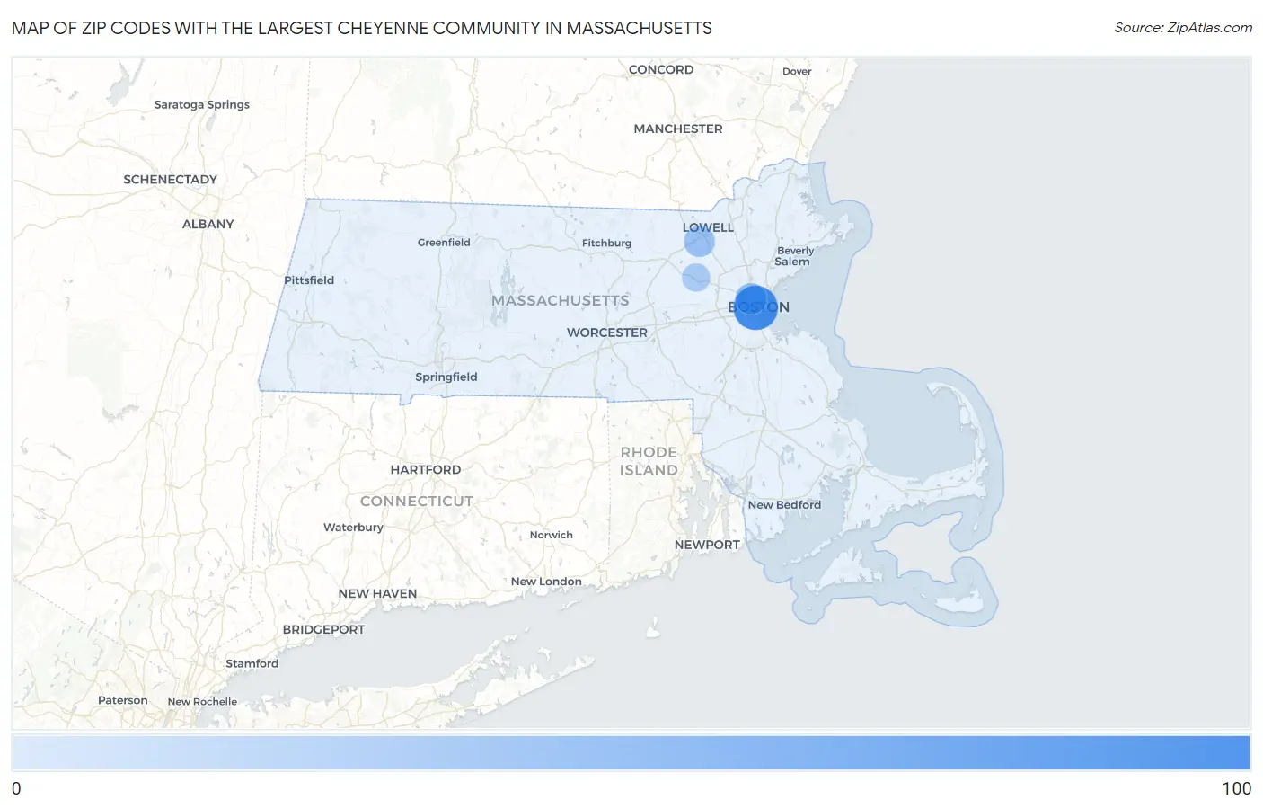 Zip Codes with the Largest Cheyenne Community in Massachusetts Map