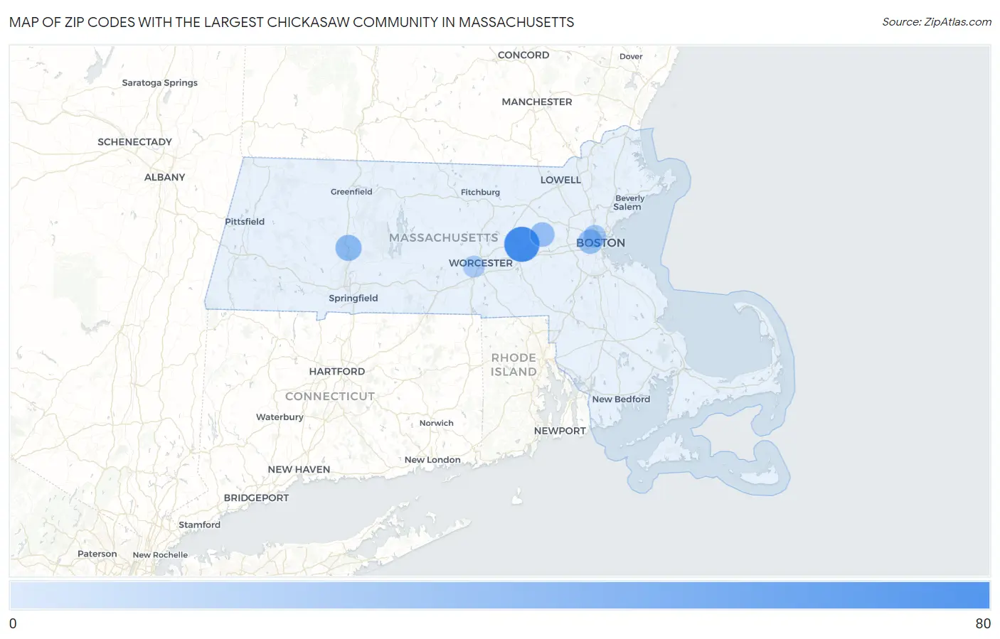 Zip Codes with the Largest Chickasaw Community in Massachusetts Map