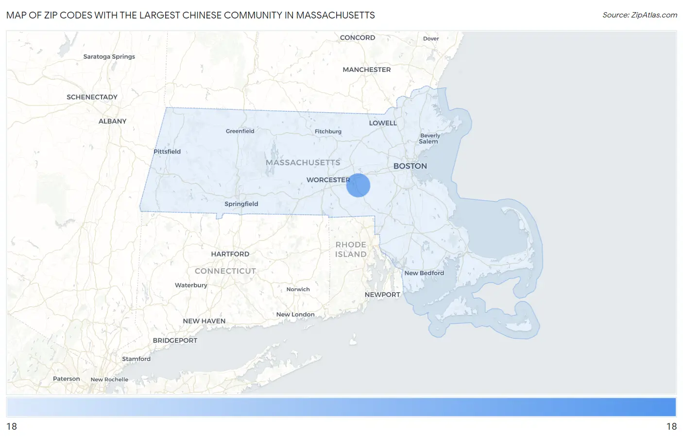Zip Codes with the Largest Chinese Community in Massachusetts Map
