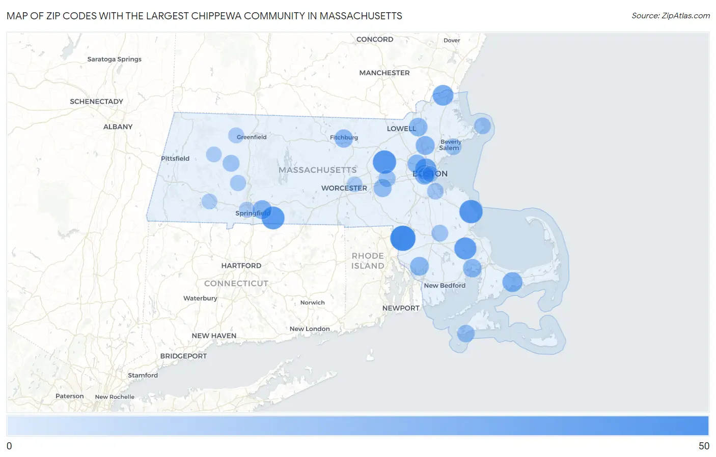 Zip Codes with the Largest Chippewa Community in Massachusetts Map
