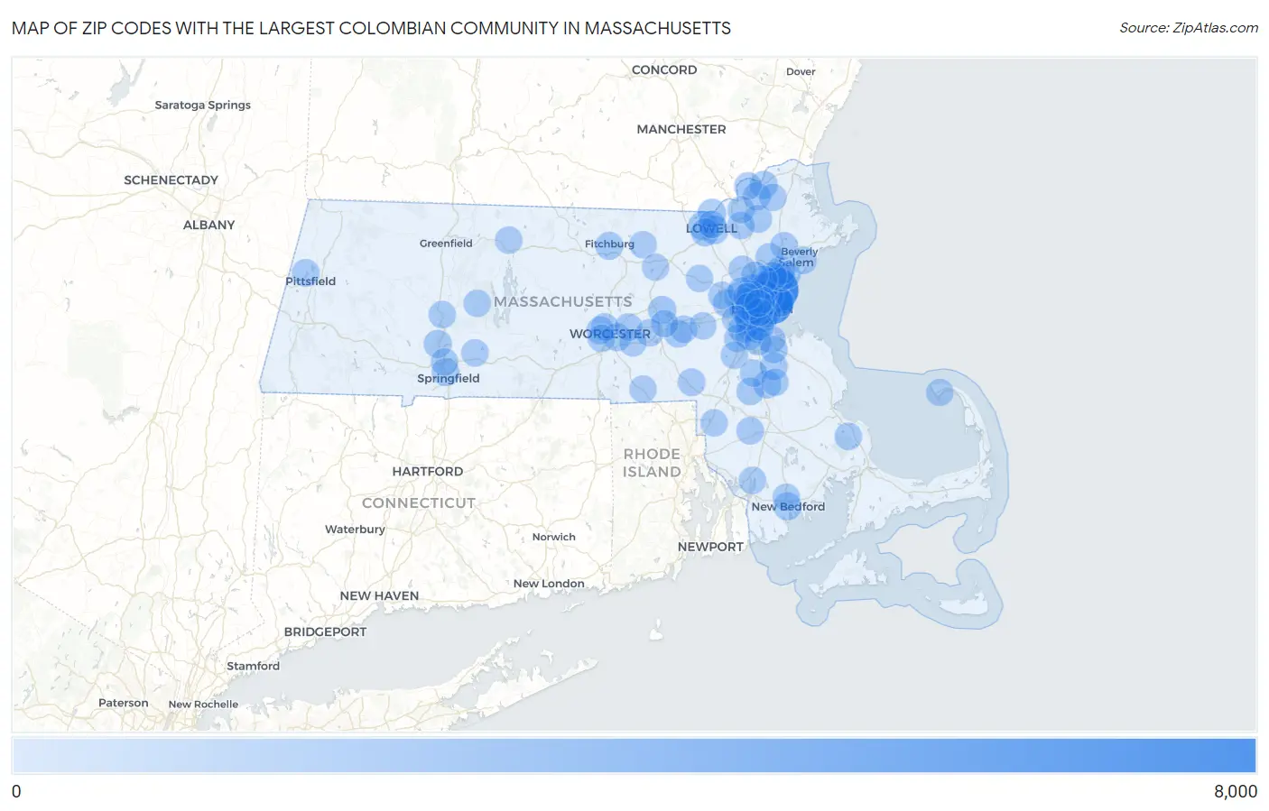 Zip Codes with the Largest Colombian Community in Massachusetts Map
