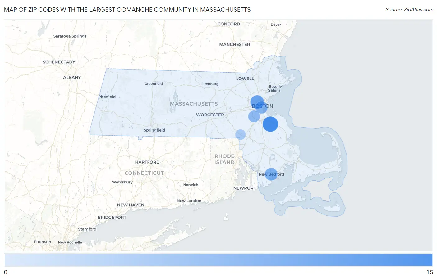 Zip Codes with the Largest Comanche Community in Massachusetts Map
