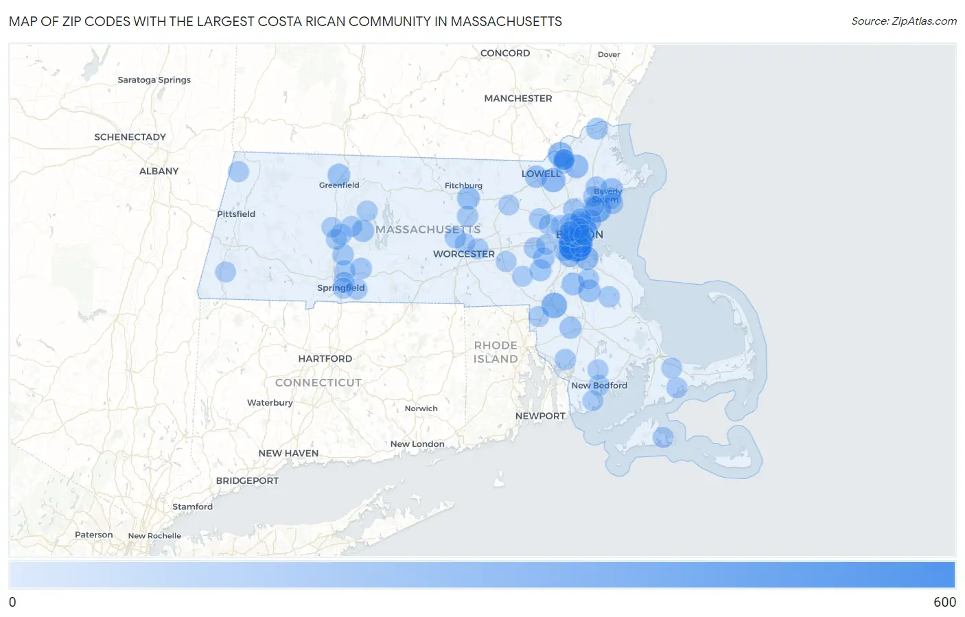 Zip Codes with the Largest Costa Rican Community in Massachusetts Map