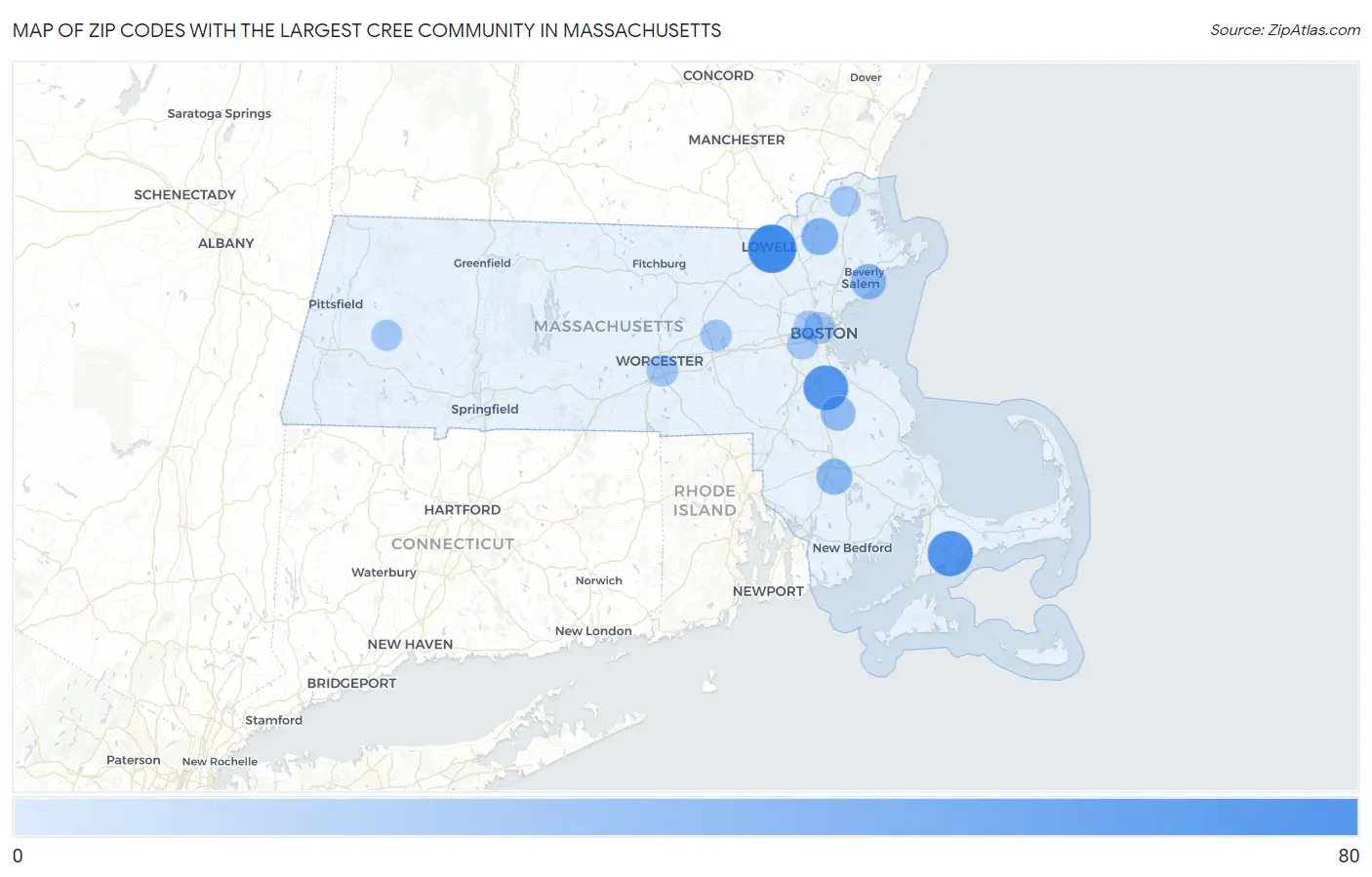 Zip Codes with the Largest Cree Community in Massachusetts Map