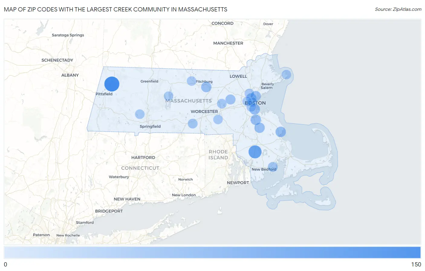 Zip Codes with the Largest Creek Community in Massachusetts Map