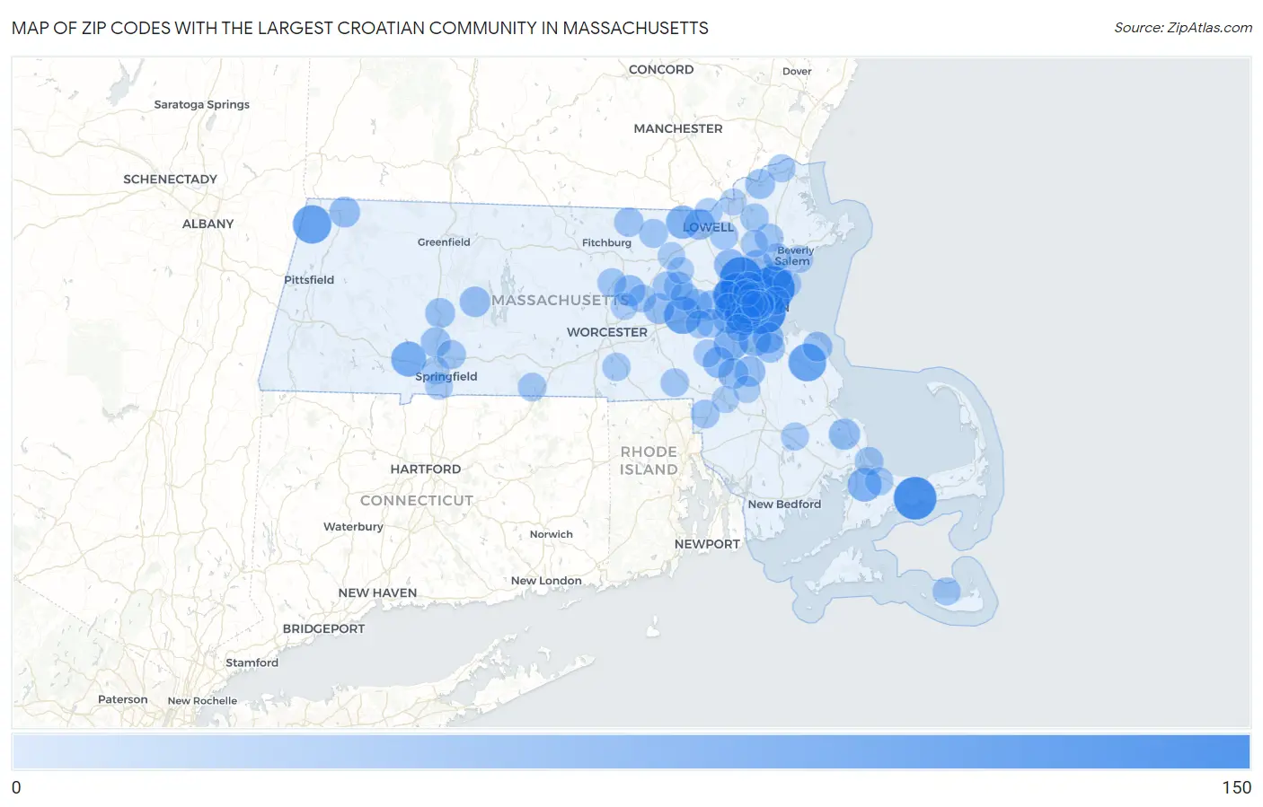 Zip Codes with the Largest Croatian Community in Massachusetts Map