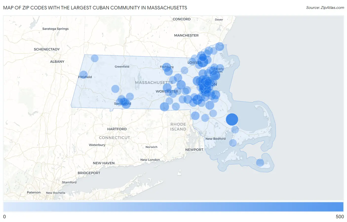 Zip Codes with the Largest Cuban Community in Massachusetts Map