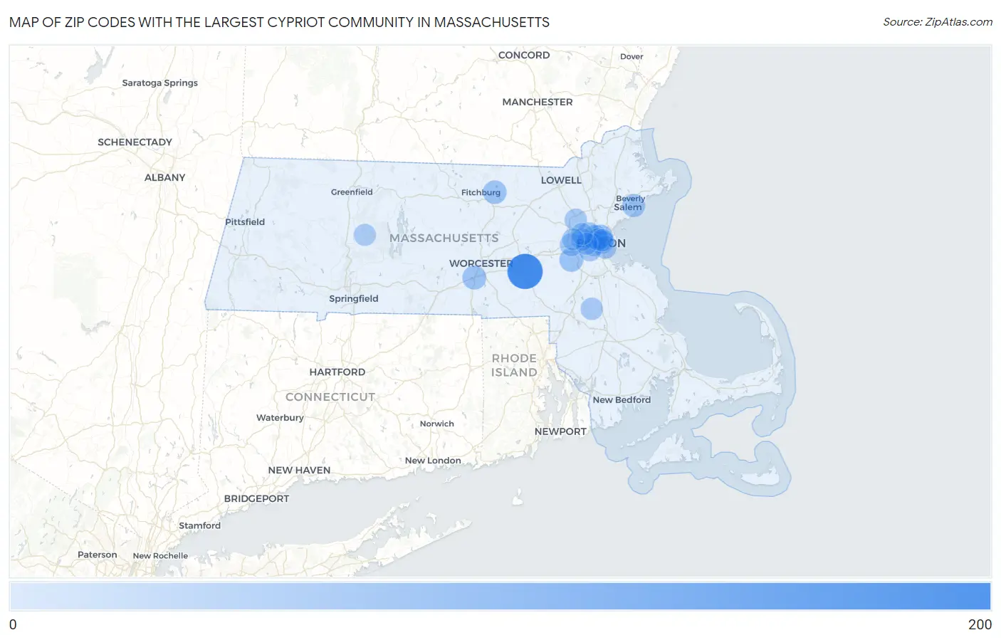 Zip Codes with the Largest Cypriot Community in Massachusetts Map