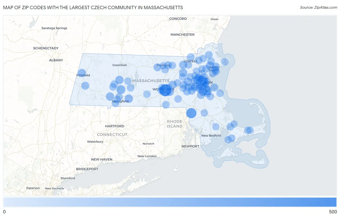 Zip Codes with the Largest Czech Community in Massachusetts Map