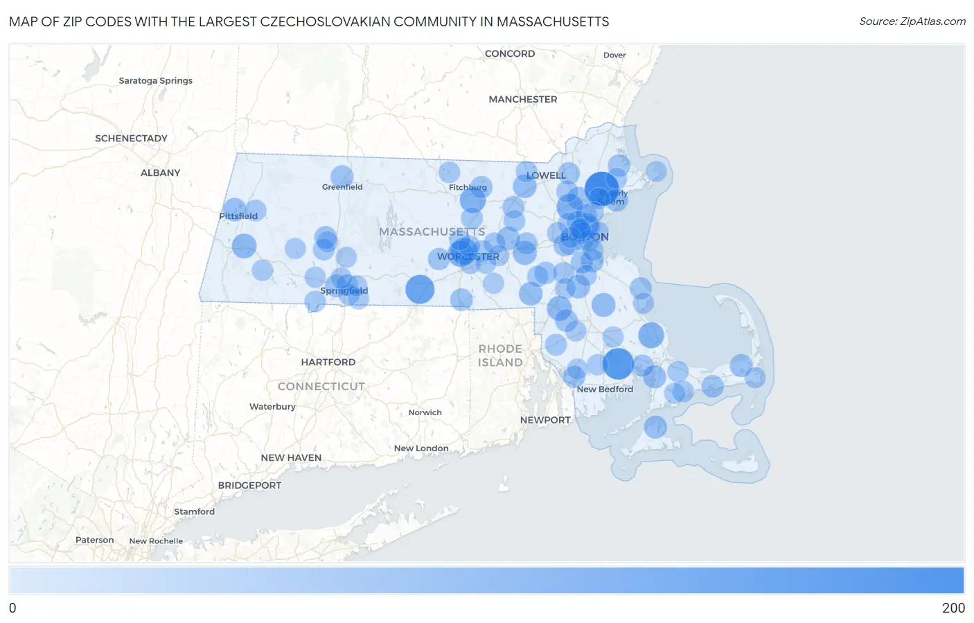 Zip Codes with the Largest Czechoslovakian Community in Massachusetts Map