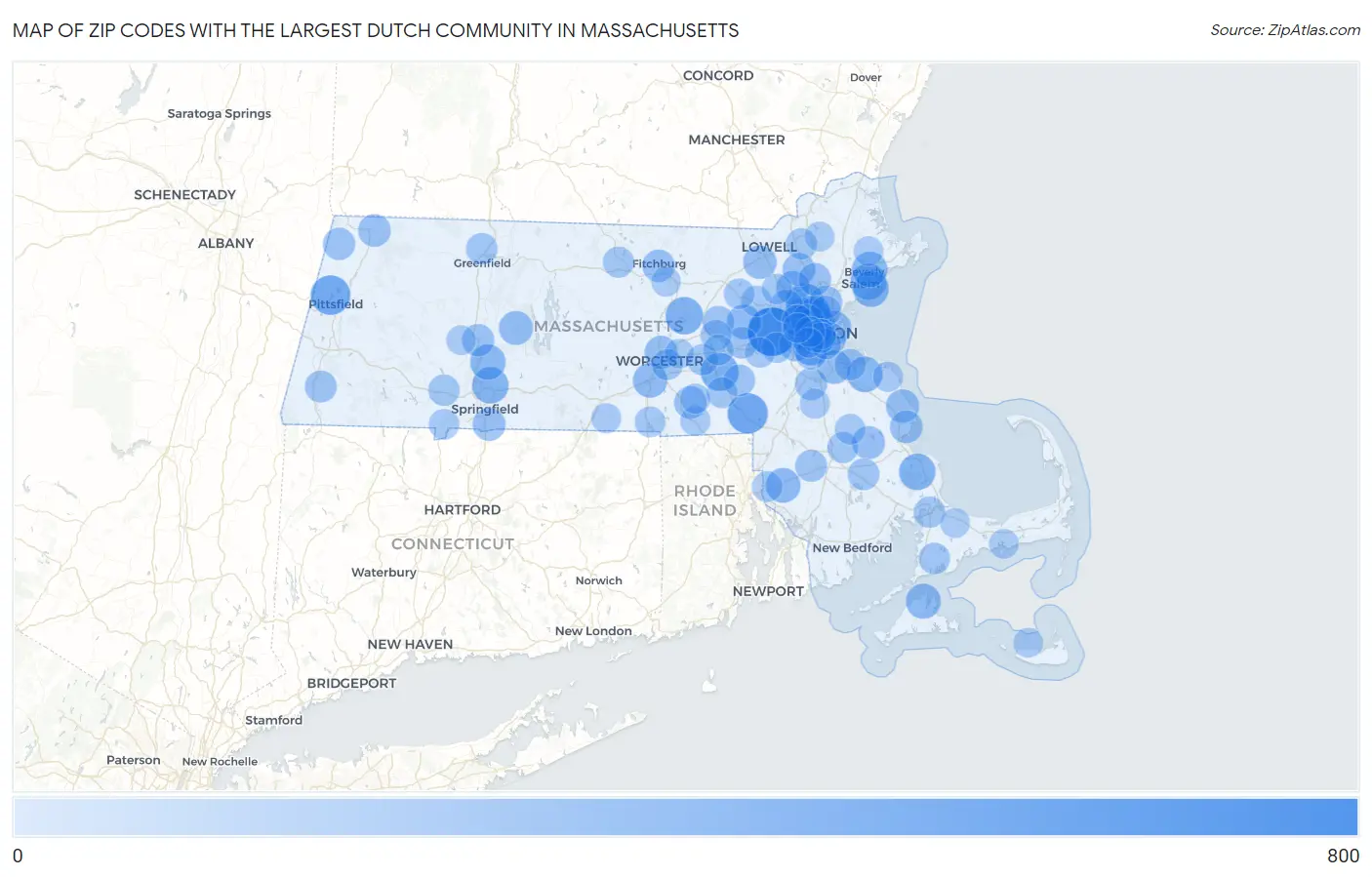 Zip Codes with the Largest Dutch Community in Massachusetts Map
