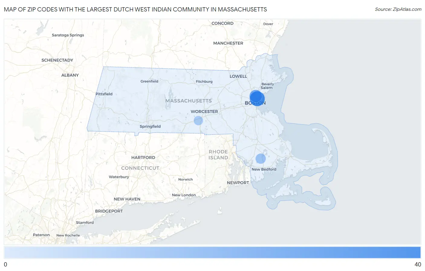 Zip Codes with the Largest Dutch West Indian Community in Massachusetts Map