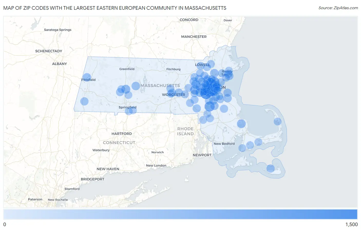 Zip Codes with the Largest Eastern European Community in Massachusetts Map