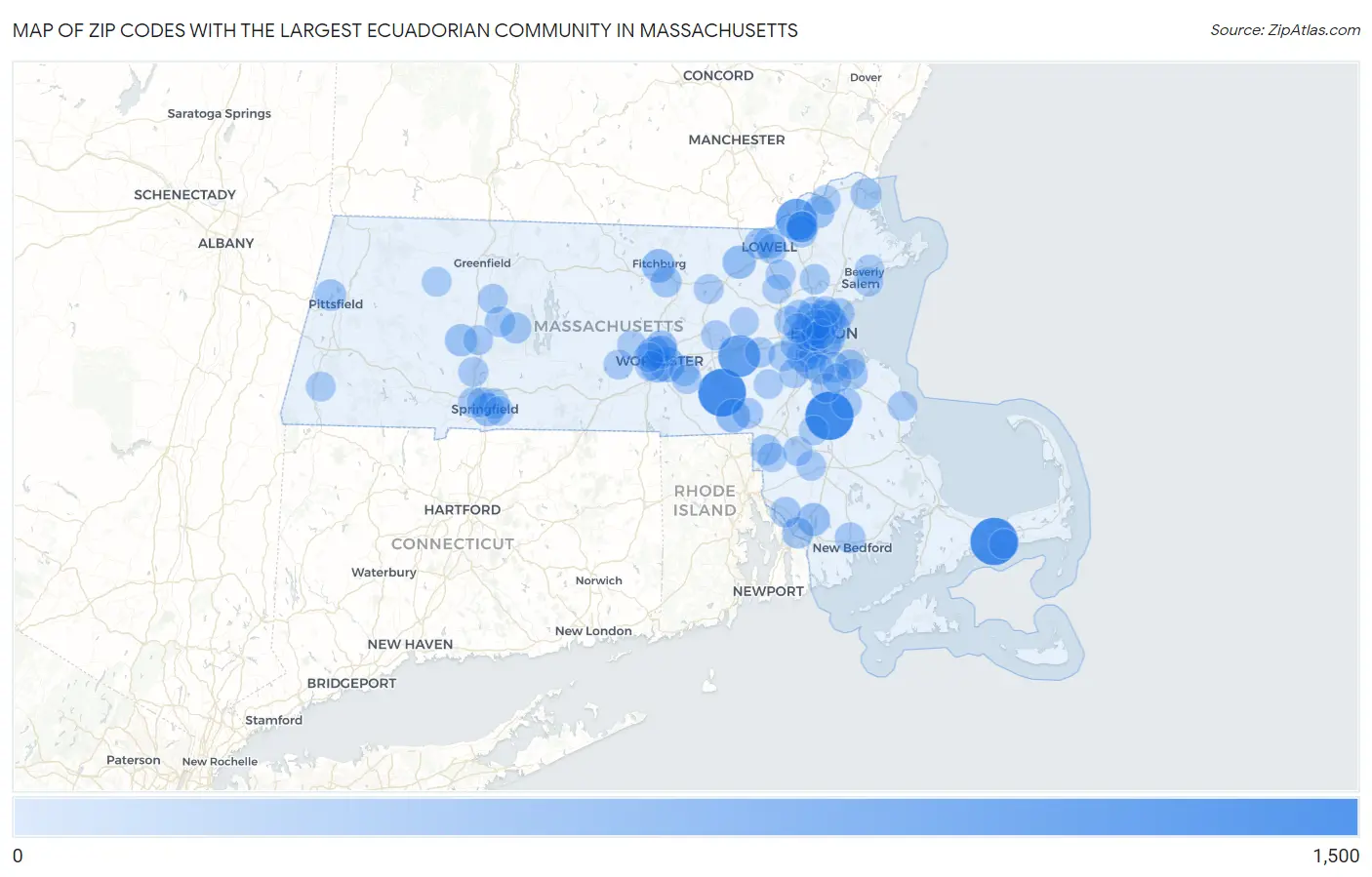 Zip Codes with the Largest Ecuadorian Community in Massachusetts Map