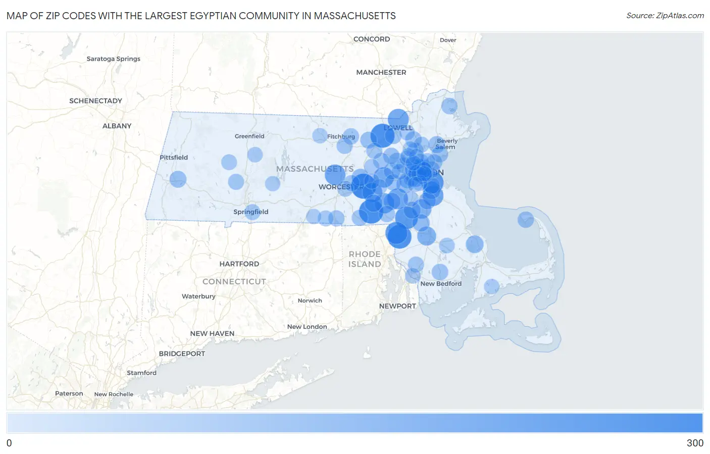 Zip Codes with the Largest Egyptian Community in Massachusetts Map