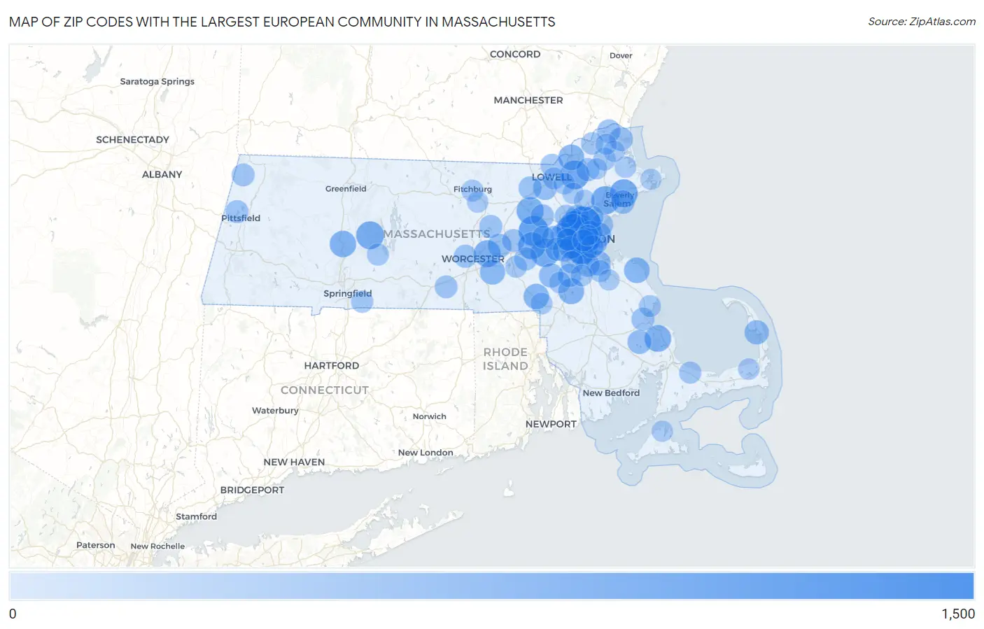 Zip Codes with the Largest European Community in Massachusetts Map