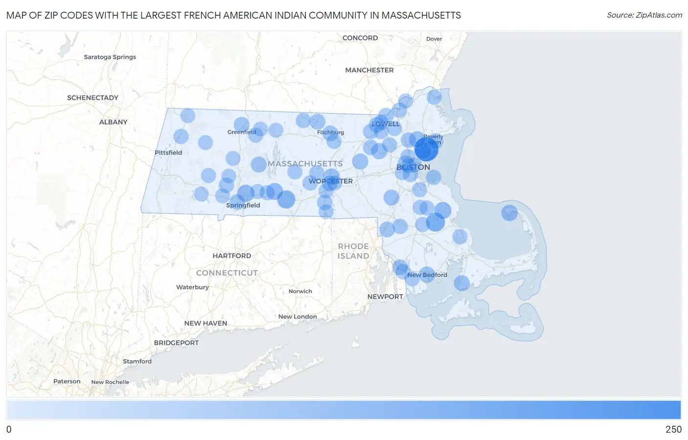 Zip Codes with the Largest French American Indian Community in Massachusetts Map
