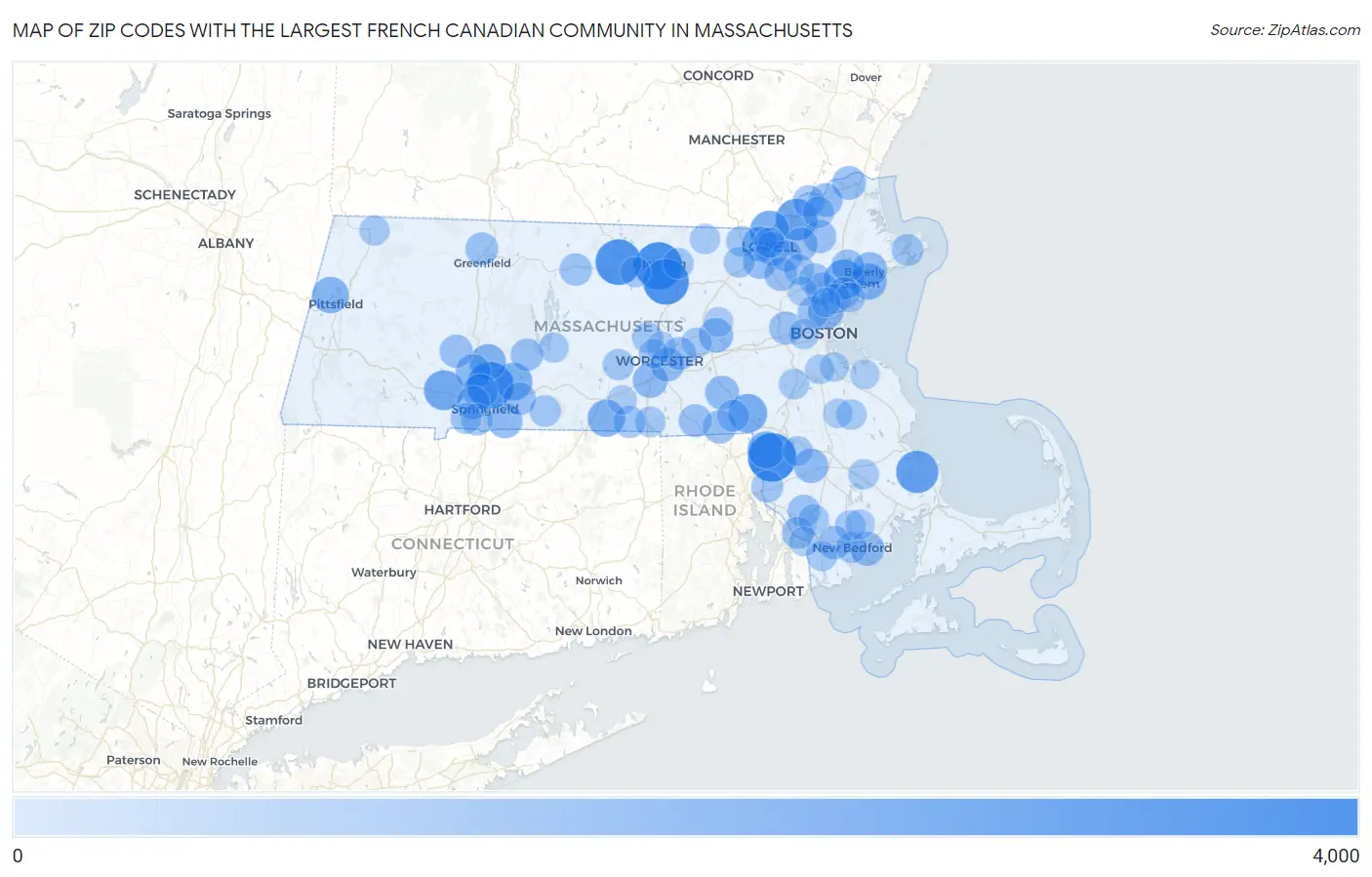 Zip Codes with the Largest French Canadian Community in Massachusetts Map