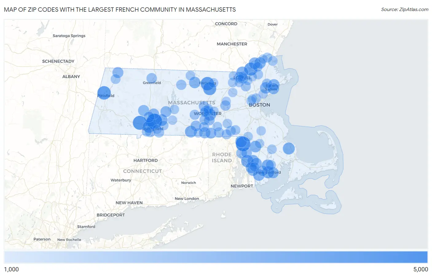 Zip Codes with the Largest French Community in Massachusetts Map