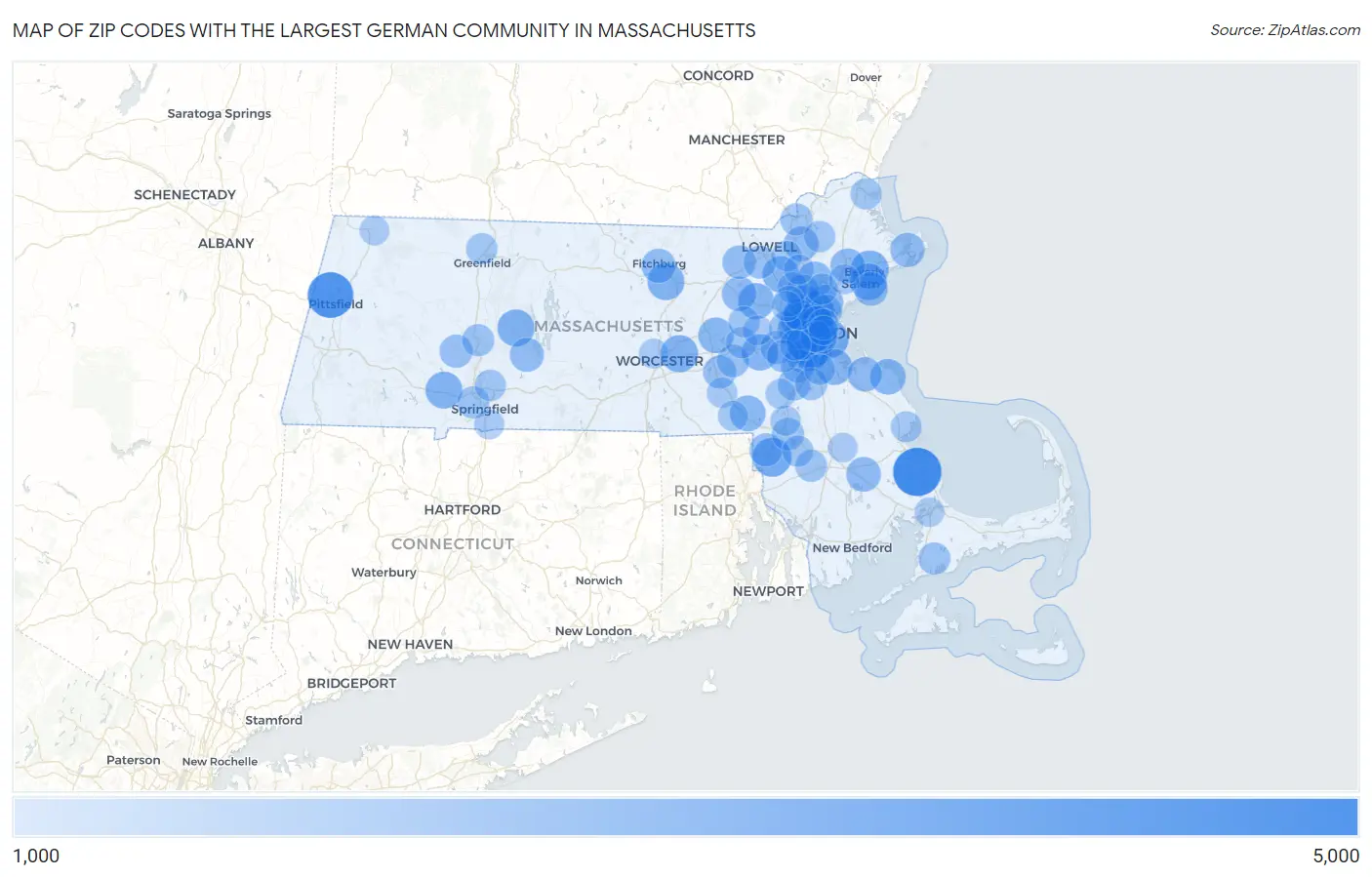 Zip Codes with the Largest German Community in Massachusetts Map