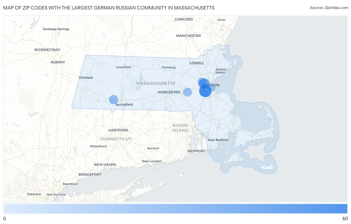 Zip Codes with the Largest German Russian Community in Massachusetts Map